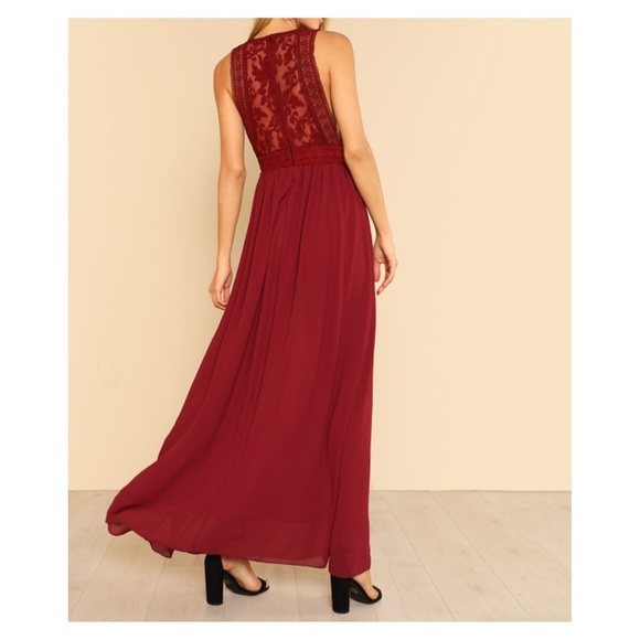Burgundy Red Sleeveless Mesh Panel Maxi Dress - Picture 3 of 5